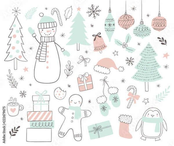 Obraz Christmas and holidays set of vector illustrations in doodle scandinavian style. Winter illustrations.