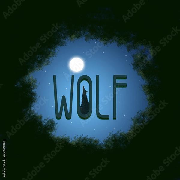 Obraz wolf and full moon illustration inside the forest