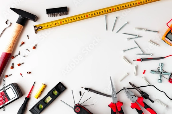 Obraz Set of tools on white background with space to write