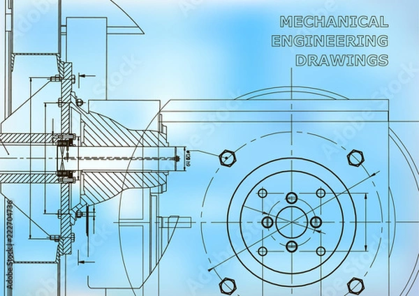 Obraz Technical illustration. Mechanical engineering. Backgrounds of engineering subjects. Technical design. Instrument making. Blue