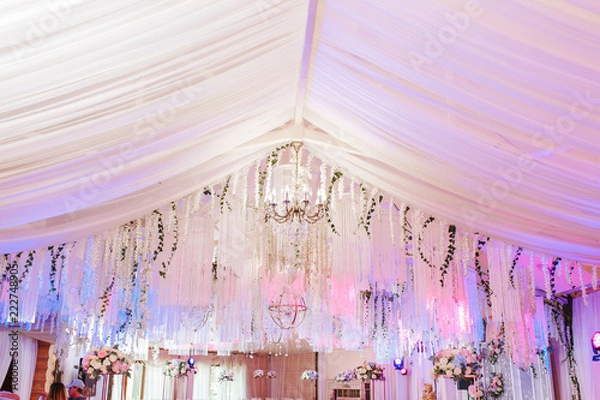 Fototapeta Table 8 set for wedding or another catered event dinner. Luxury decorated with natural flowers