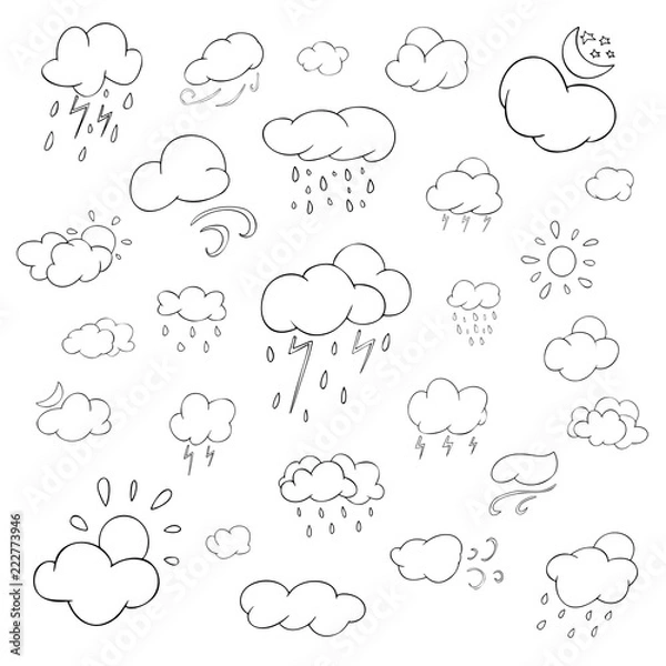 Fototapeta Autumn, fall clouds, vector set, 26 element of line art, symbol of forecast weather: sunny, rainny, windy, cloudy,  storm, isolated objects on the white background, drawing handmade illustration