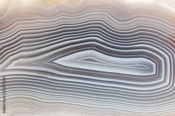 Fototapeta Amazing Banded Agate Crystal cross section as a background. Natural light translucent agate crystal surface, Gray abstract expressive structure slice mineral stone macro closeup