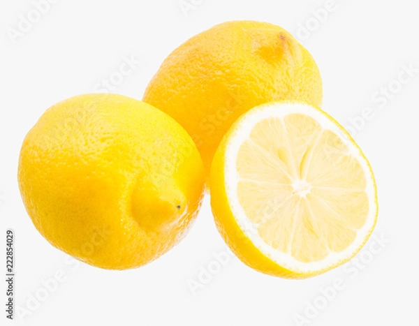Obraz Three bright lemons isolated. Yellow fresh vitamin C source.