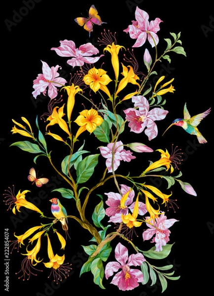 Fototapeta Exotic flowers, birds and butterflies isolated on black background