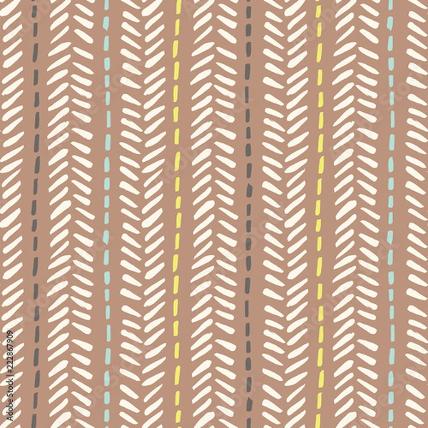 Fototapeta Hand drawn tribal herringbone stitches on brown background vector seamless pattern. Fresh geometric drawing