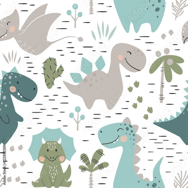 Fototapeta Dinosaur baby boy seamless pattern. Sweet dino with palm and cactus