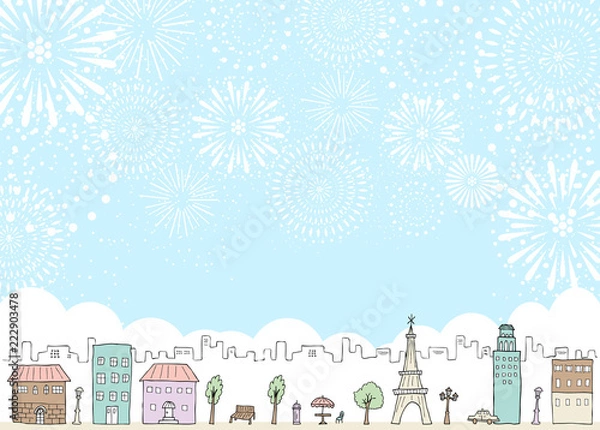 Fototapeta 手描き　街並み　花火