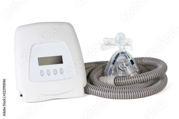 Fototapeta Cpap  components..A continuous positive airway pressure with premium quality of mask and hose used for obstructive sleep apnea patient ,isolated on white background .