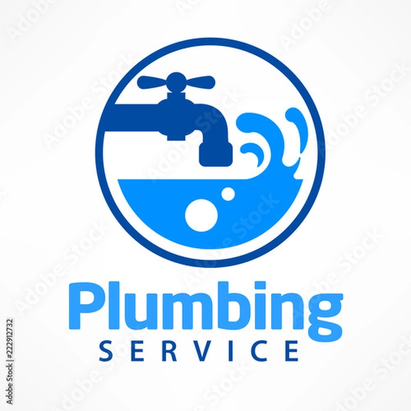 Fototapeta Niebieskie logo usług hydraulicznych, biały symbol z tekstem. Wektor