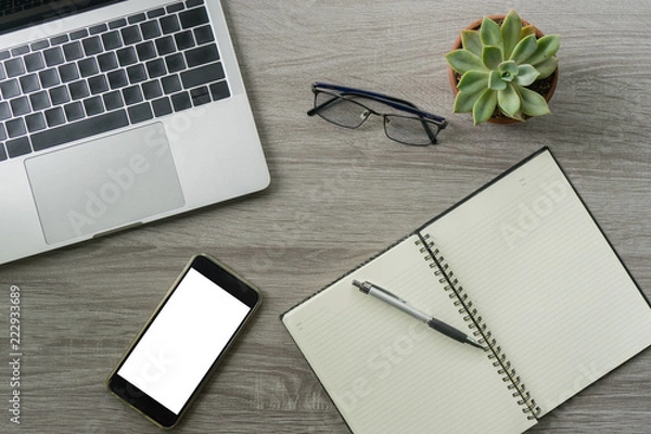 Fototapeta Flat lay laptop grey background