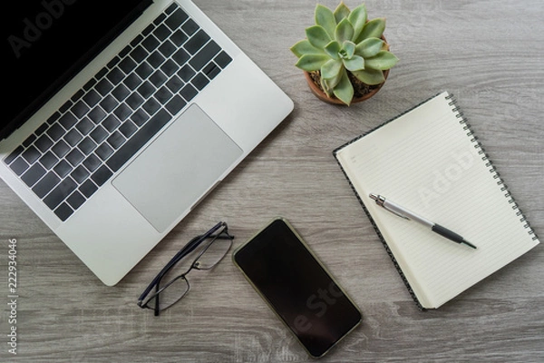 Fototapeta Flat lay laptop grey background