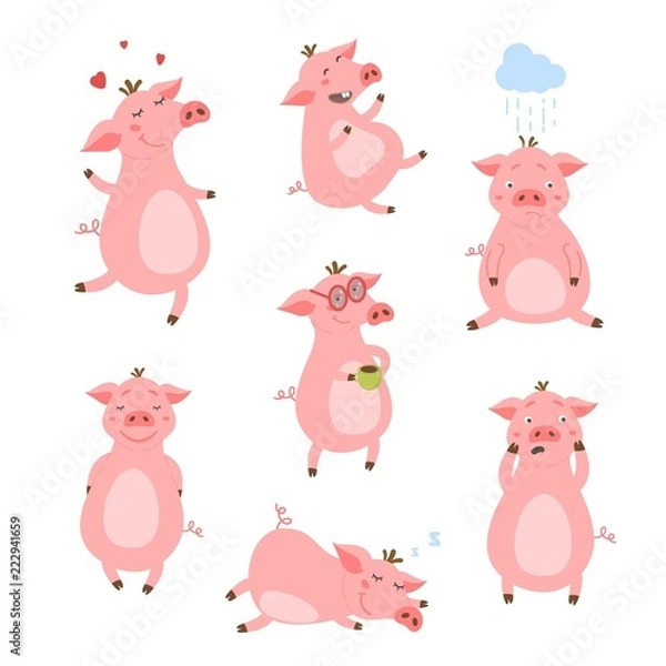 Obraz Zestaw ślicznych świń. Świnie z różnymi postaciami. Ilustracji wektorowych.
