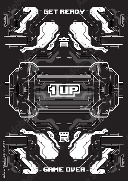 Fototapeta Cyberpunk futuristic poster with retro games elements. Tech Abstract poster template. Modern flyer for web and print.