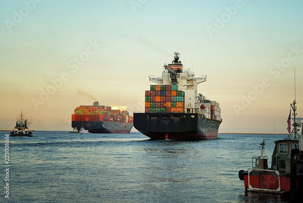 Obraz Fully loaded container ships exiting the Los Angeles harbor