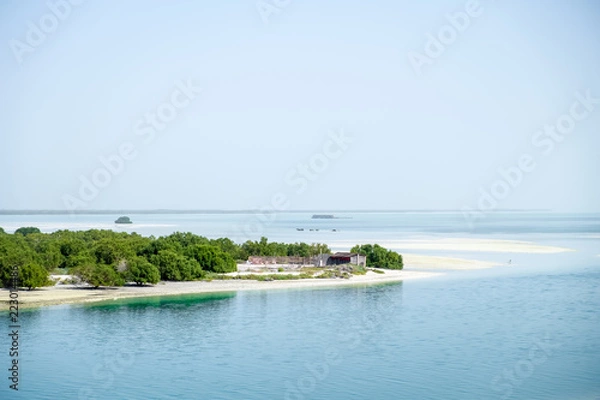 Fototapeta A Small hut in mangroves trees at Yas Island, Sea Background Abu Dhabi