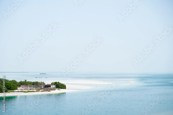 Fototapeta A Small hut in mangroves trees at Yas Island, Sea Background Abu Dhabi