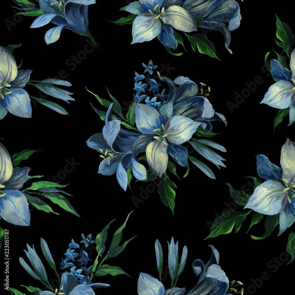 Fototapeta Seamless texture of blue different flowers and leaves on dark blue background for greeting and wedding cards