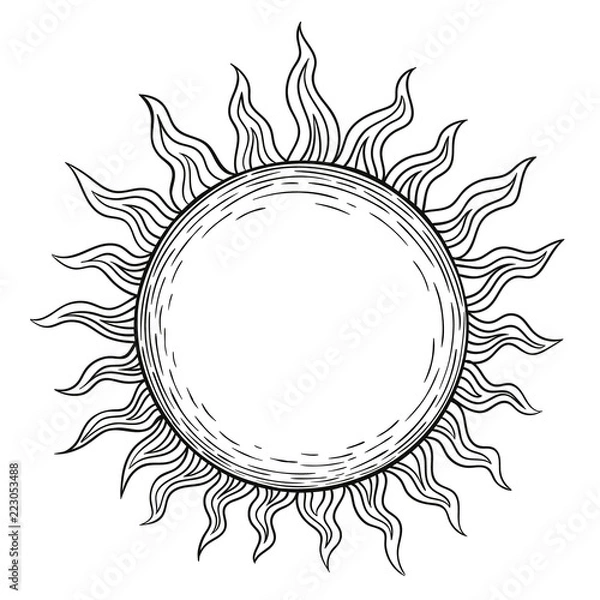 Fototapeta The sun, a linear drawing in the style of engraving black lines
