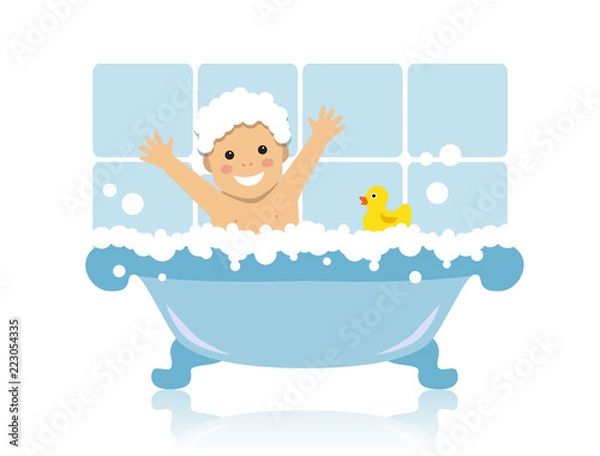 Fototapeta cheerful child sitting in bathroom with foam and yellow duck