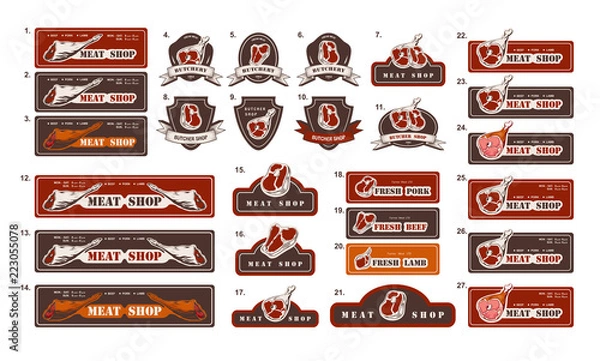 Fototapeta Design template of butchery labels and signboards. Big set of meat shop logos. Butcher market logotype. Vector illustration.