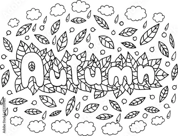 Fototapeta Coloring page for adults with mandala and Autumn word. Doodle lettering ink outline artwork. Vector illustration
