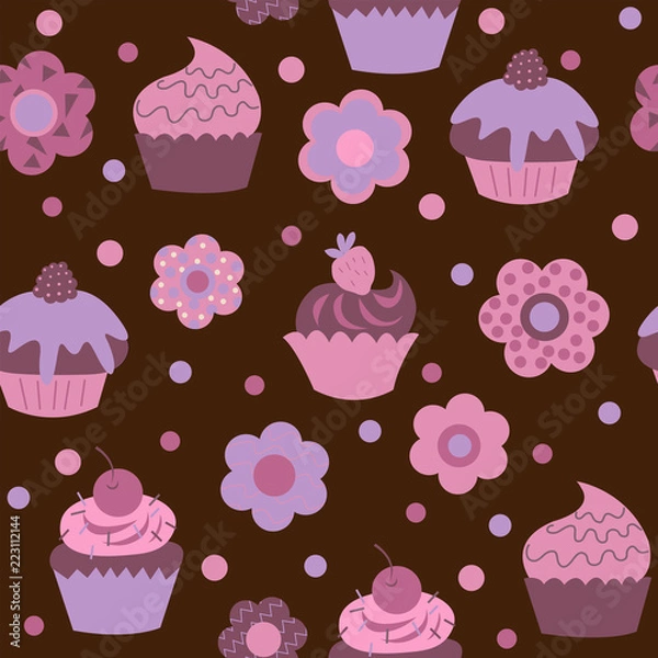Fototapeta Cute child seamless background with cupcakes and flowers