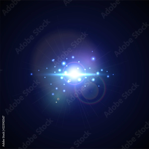 Obraz Blue Flash with rays and spotlight. Realistic light glare, high loth, star glow. Lens flare effect on black background. Bright Sunflare Explosion. Shining Vector illustration Beautiful Template.