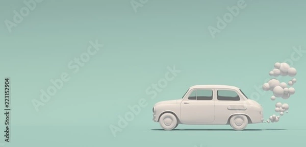 Obraz Baner z pasażerem biały monochromatyczny samochód retro ze spalinami w stylu kreskówki. Na białym tle na turkusowym tle. Renderowanie 3D.