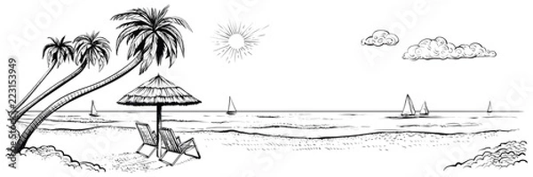 Obraz Panoramiczny widok na plażę. Ilustracja wektorowa morza z palmami, dwa krzesła, parasol i jachty.