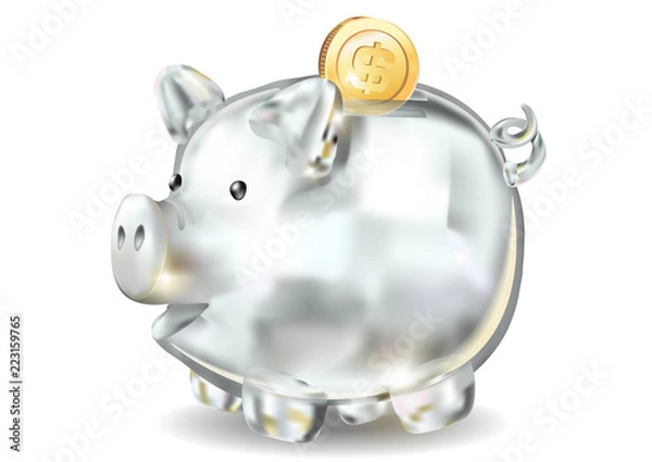 Obraz Piggy bank 3d realistic glass on a white background. Coins, savings, bank, finance money cash gold dollar, the year of the pig, wealth, saving Pig piggy.