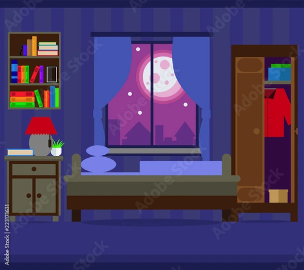 Fototapeta Living room, bedroom at night. Vector illustration.