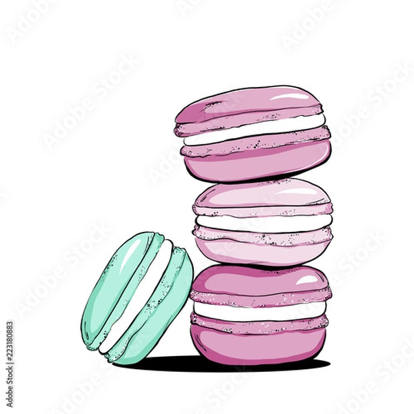 Fototapeta Stack of colorful cartoon macarons icon. Macaroon almond cakes isolated. Macaron biscuits dessert. Vector illustration in dot style, retro vintage dots graphic art.