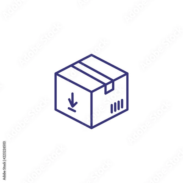 Fototapeta Parcel line icon. Box with bar code and arrow down. Logistics concept. Can be used for topics like order delivery, courier, postal service