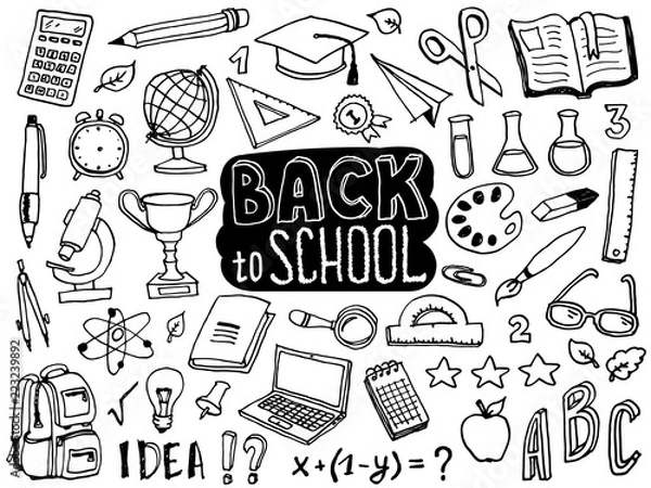 Obraz Powrót do szkoły doodle elementów. Kolekcja liter i przyborów szkolnych. Zestaw ikon szkicu. Ilustracji wektorowych.