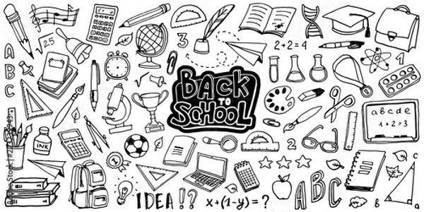Obraz Powrót do szkoły z ręcznie rysowane przybory szkolne - duży zestaw. Doodle napis i kolekcja obiektów szkolnych. Ikona szkicu. Atrament w stylu dzieci. Koncepcja edukacji. Ilustracji wektorowych.
