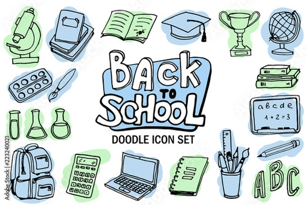 Obraz Back to school icon set. Doodle elements. Lettering and school supplies sketch collection. Vector illustration.