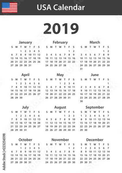 Obraz USA Calendar for 2019. Scheduler, agenda or diary template. Week starts on Sunday