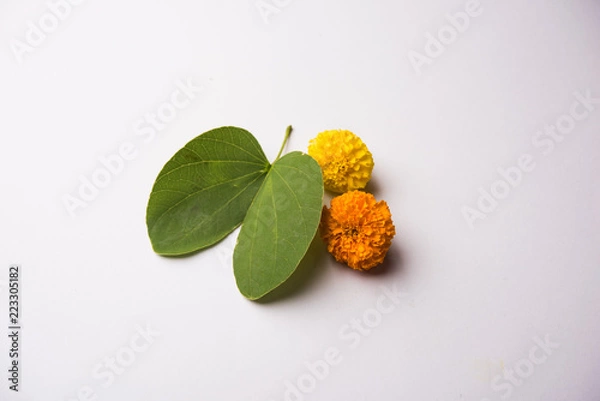 Obraz Indian Festival Greeting Card - Happy Dussehra, showing golden leaf and flowers on moody background. .