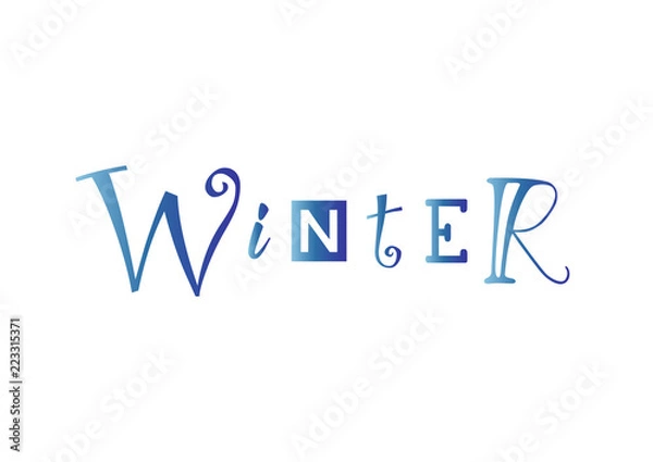 Fototapeta Lettering of Winter with different letters in blue gradient isolated on white background for decoration, poster, banner, design, decor, packaging. calendar, postcard, sticker, scrapbooking