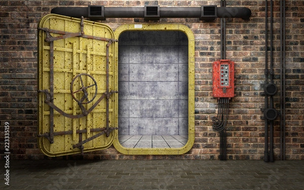 Fototapeta Opancerzone metalowe drzwi w starym podziemnym pokoju bunkrowym. Renderowanie 3D