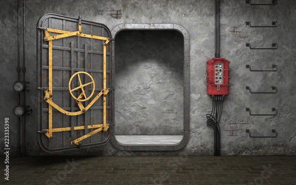 Fototapeta Opancerzone ciężkie metalowe drzwi w starym podziemnym pomieszczeniu bunkra. Renderowanie 3d