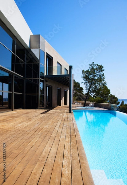 Fototapeta Luxury villa with swimming pool. Modern villa with pool.