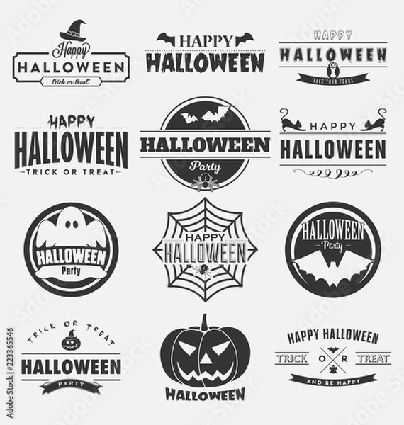 Fototapeta Happy halloween wektor wzór kolekcji. Zestaw dwunastu ciemnych kolorowych emblematów na dzień Halloween w stylu vintage, znak, etykieta na jasnym tle