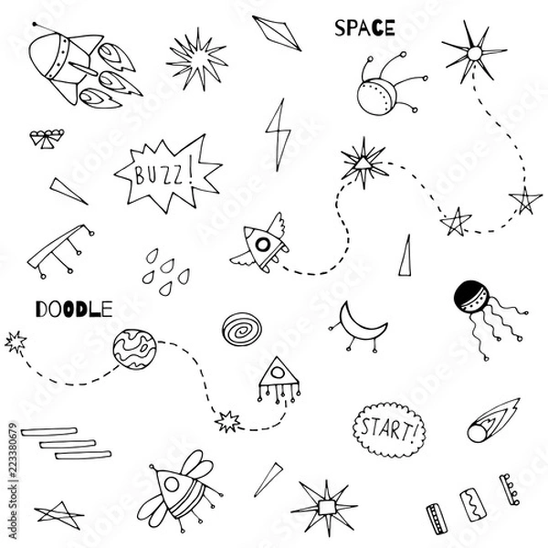 Fototapeta Funny space objects on white background. Cosmic doodles vector illustration