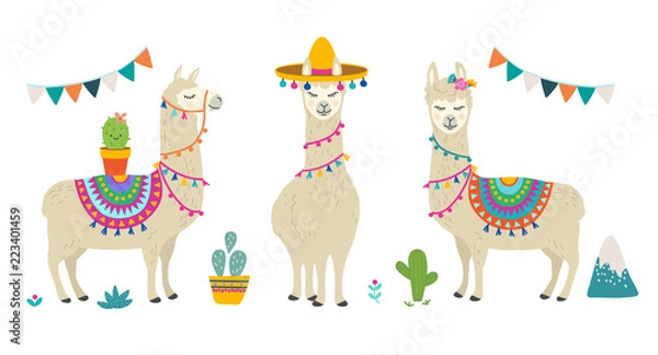 Obraz Cute cartoon llama alpaca vector graphic design set. Hand drawn llama character illustration and cactus elements for nursery design, poster, greeting, birthday card, baby shower design and party decor