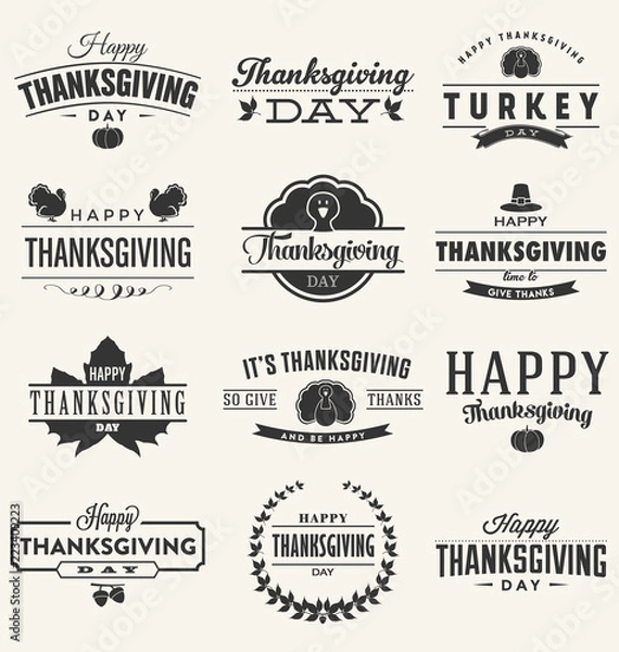 Fototapeta Happy Thanksgiving Day typographic design collection. A set of vintage style Thanksgiving Day label, badge or poster design