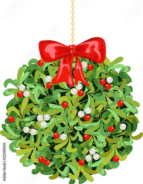 Obraz Christmas mistletoe. Ball with bow on chain