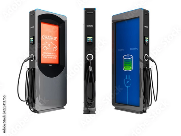 Fototapeta Modern electric refueling with payment outside for electric car front view 3d render on white background no shadow