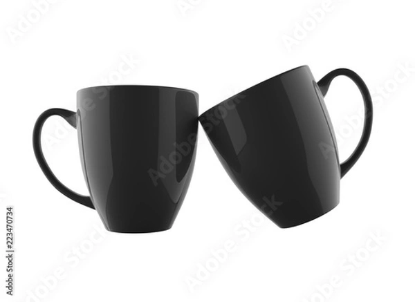 Fototapeta Two Shiny and Black Coffee Mug Mockup 3D Rendered and Isolated Without Shadow in White Background with Left Mug Standing and Right Mug in Oblique Angled Position in Close Up View